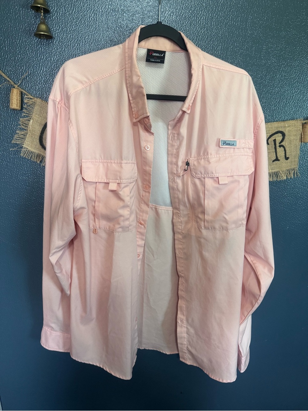 Pudolla Men's Light Pink Button-Down Fishing Shirt